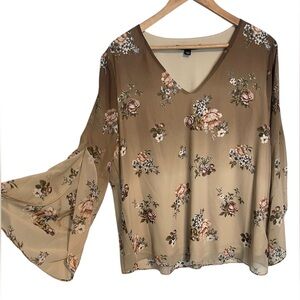 ZAC & RACHEL Women’s Brown Floral Bell Sleeve V-Neck Blouse Top Size Large